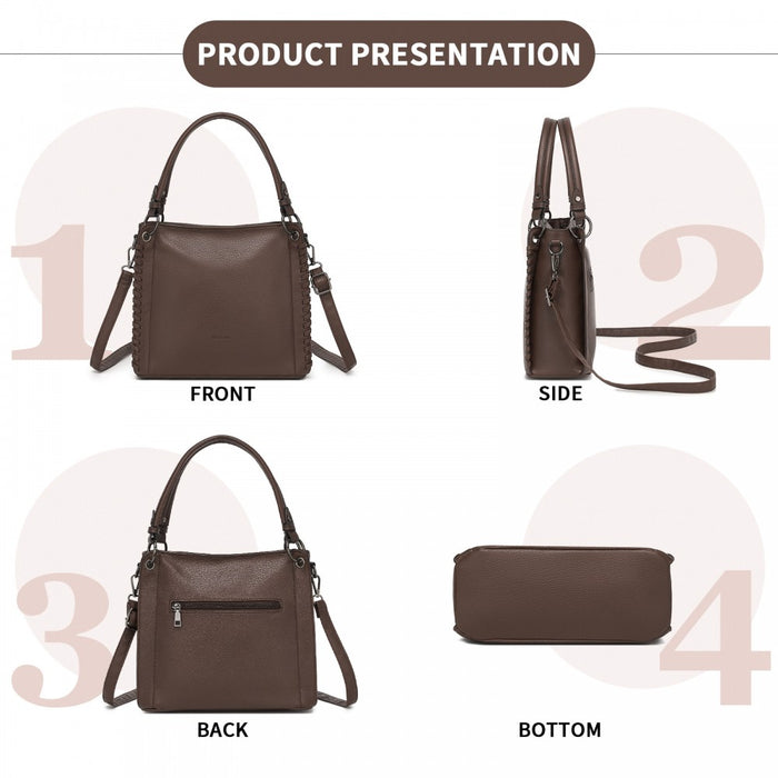 HBM2509 - Miss Lulu Textured PU Leather Crossbody Handbag with Woven Accents for Women - Brown