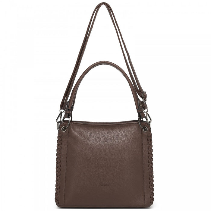 HBM2509 - Miss Lulu Textured PU Leather Crossbody Handbag with Woven Accents for Women - Brown