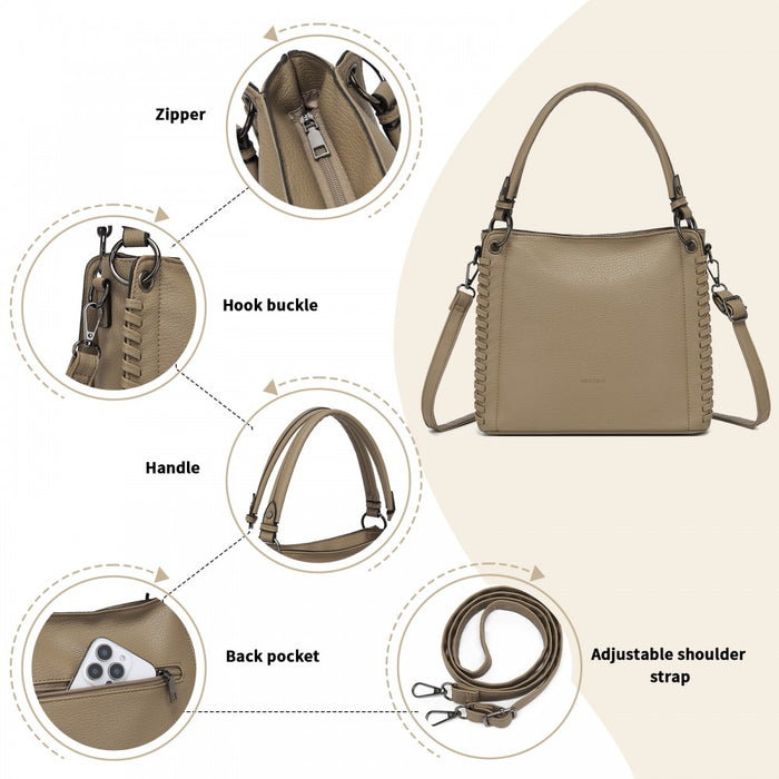 HBM2509 - Miss Lulu Textured PU Leather Crossbody Handbag with Woven Accents for Women - Khaki