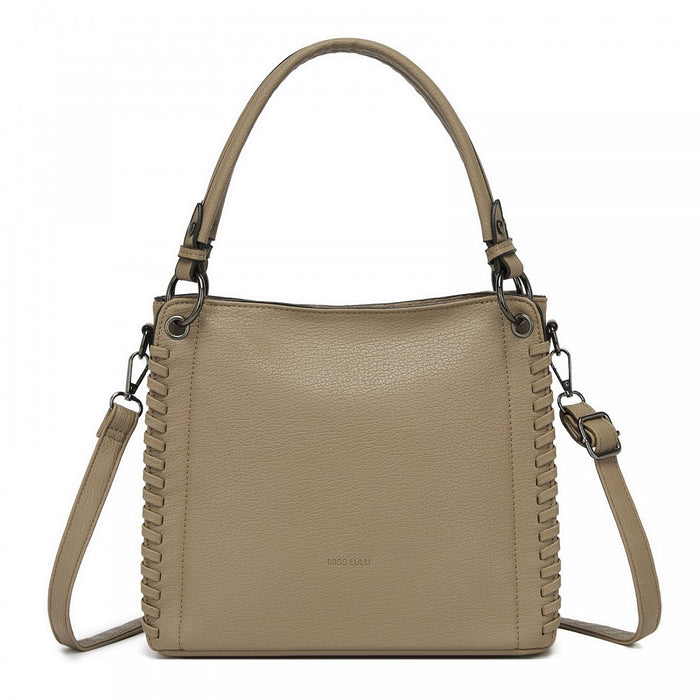 HBM2509 - Miss Lulu Textured PU Leather Crossbody Handbag with Woven Accents for Women - Khaki