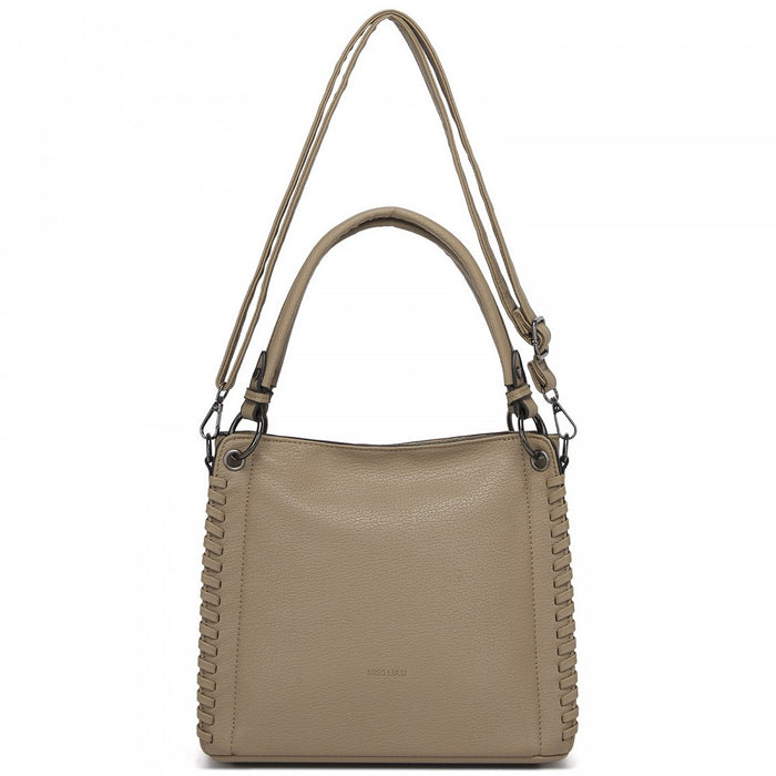 HBM2509 - Miss Lulu Textured PU Leather Crossbody Handbag with Woven Accents for Women - Khaki