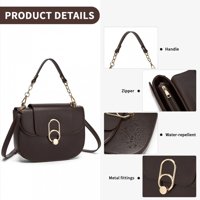 HBM2514 - Miss Lulu Stylish PU Saddle Bag with Chain-Accent Top Handle & Adjustable Strap - Brown