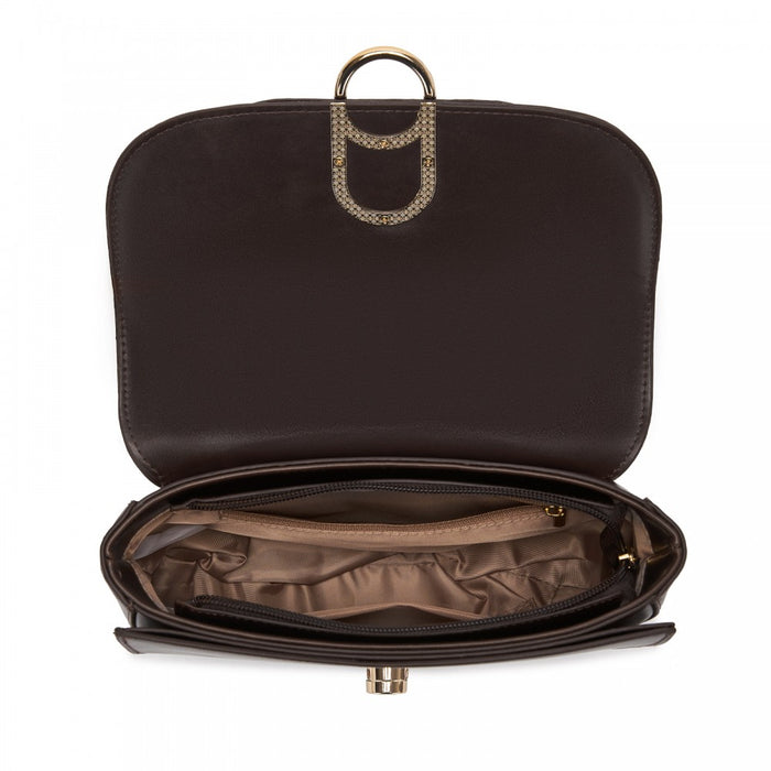 HBM2514 - Miss Lulu Stylish PU Saddle Bag with Chain-Accent Top Handle & Adjustable Strap - Brown