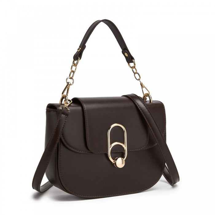 HBM2514 - Miss Lulu Stylish PU Saddle Bag with Chain-Accent Top Handle & Adjustable Strap - Brown