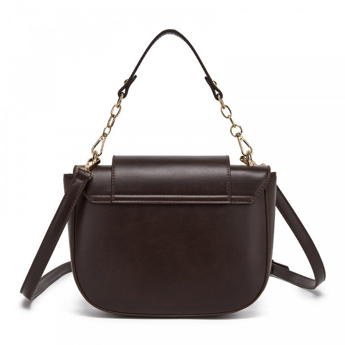 HBM2514 - Miss Lulu Stylish PU Saddle Bag with Chain-Accent Top Handle & Adjustable Strap - Brown