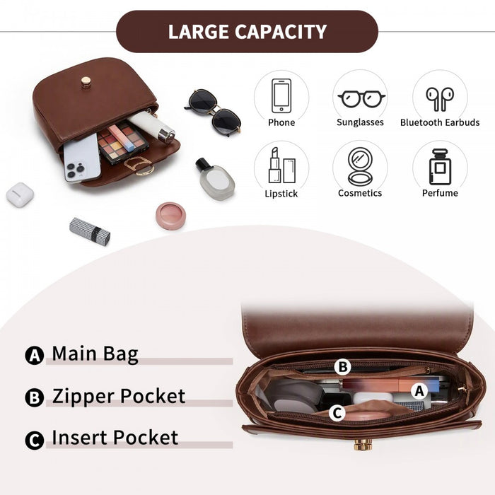 HBM2514 - Miss Lulu Stylish PU Saddle Bag with Chain-Accent Top Handle & Adjustable Strap - Light Brown