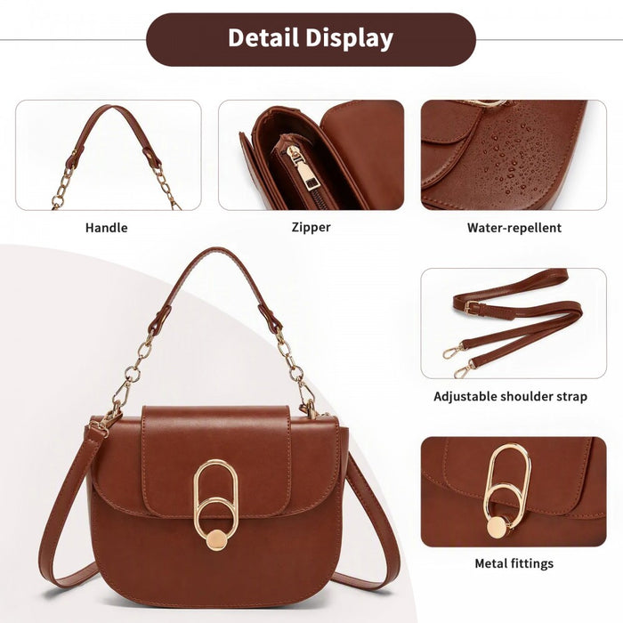 HBM2514 - Miss Lulu Stylish PU Saddle Bag with Chain-Accent Top Handle & Adjustable Strap - Light Brown