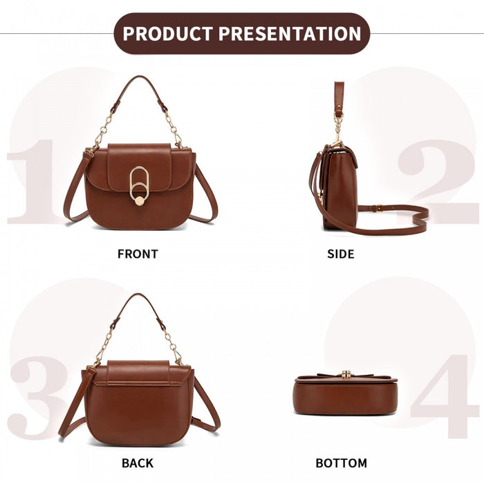 HBM2514 - Miss Lulu Stylish PU Saddle Bag with Chain-Accent Top Handle & Adjustable Strap - Light Brown