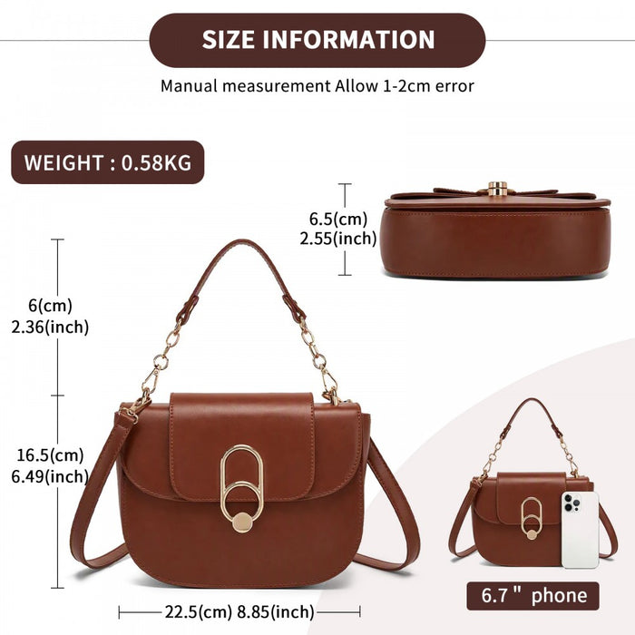 HBM2514 - Miss Lulu Stylish PU Saddle Bag with Chain-Accent Top Handle & Adjustable Strap - Light Brown