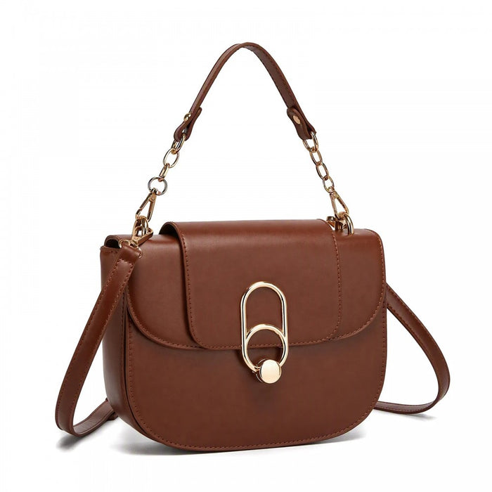 HBM2514 - Miss Lulu Stylish PU Saddle Bag with Chain-Accent Top Handle & Adjustable Strap - Light Brown