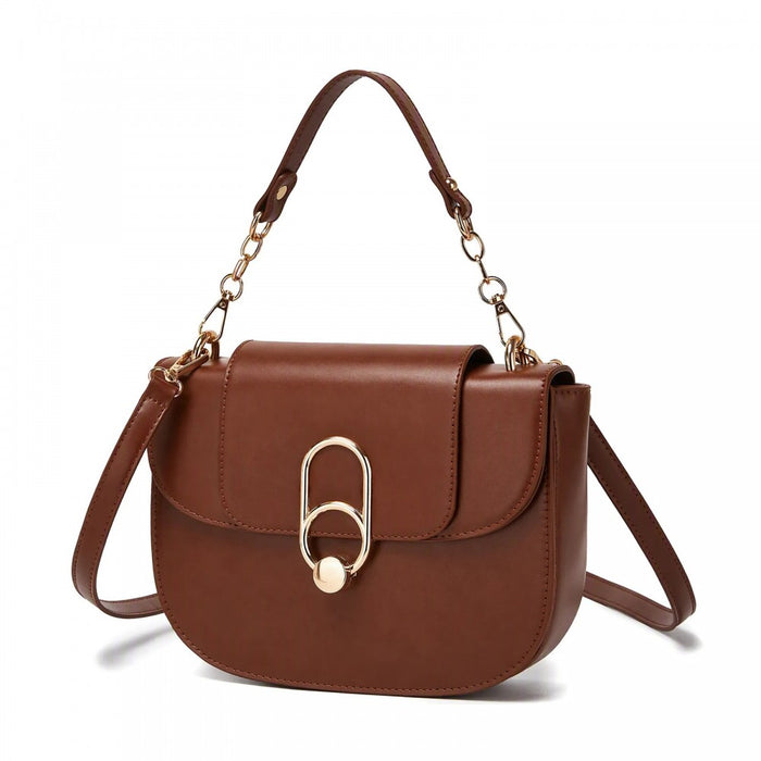 HBM2514 - Miss Lulu Stylish PU Saddle Bag with Chain-Accent Top Handle & Adjustable Strap - Light Brown