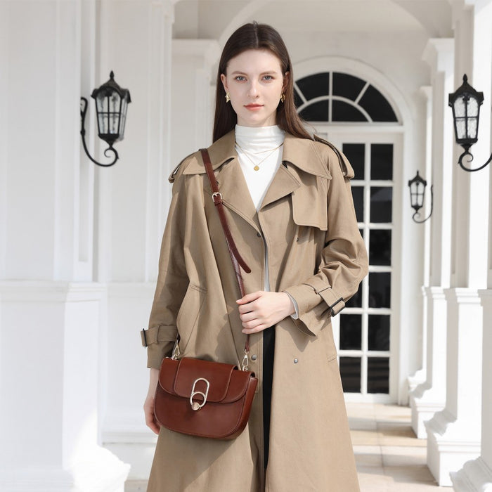HBM2514 - Miss Lulu Stylish PU Saddle Bag with Chain-Accent Top Handle & Adjustable Strap - Light Brown