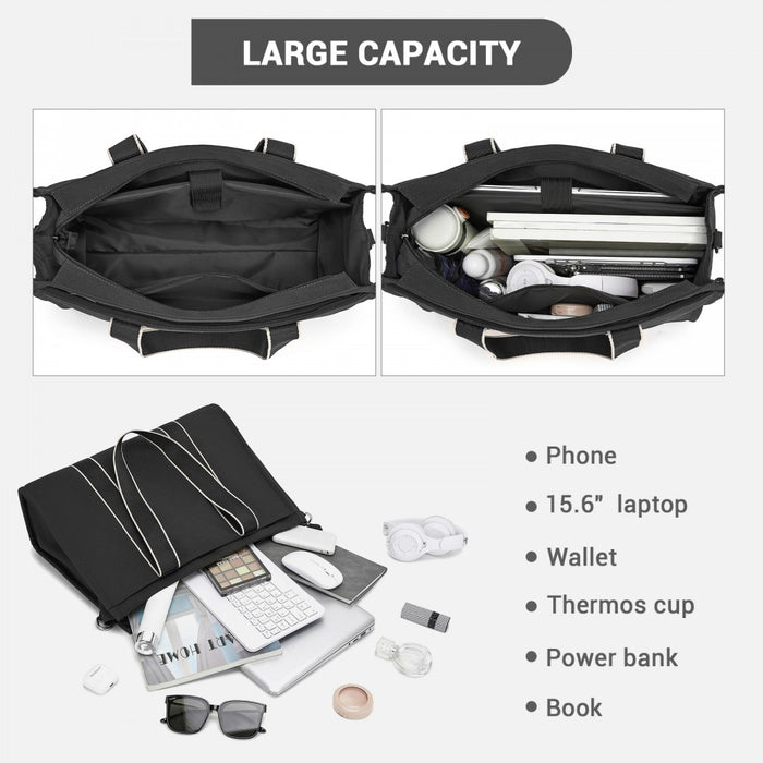 HBM2604 - Miss Lulu Wearproof Large Capacity Tote Bag with 15.6” Laptop Sleeve, Dual Carry Options for Business and Everyday Use - Black