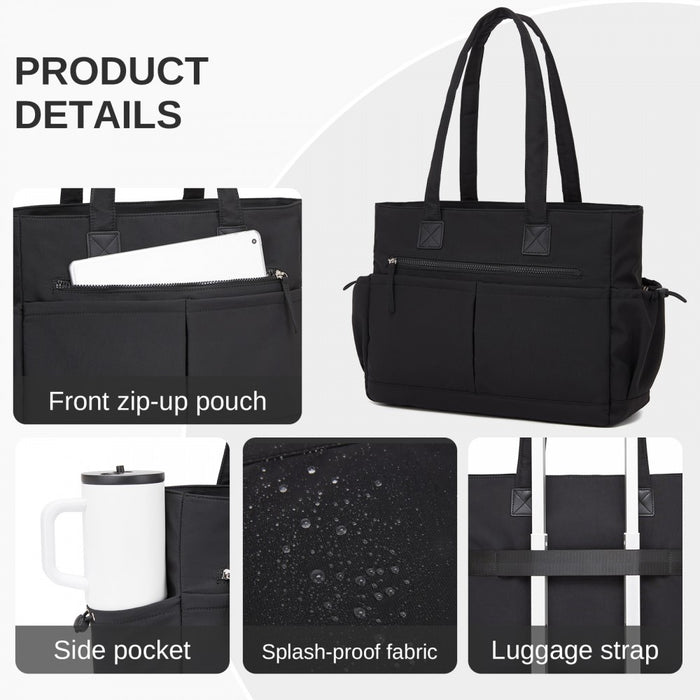 HBM2611 - Miss Lulu Chic Roomy Ladies Shoulder Tote Bag, with 15.6-inch Laptop Sleeve and Luggage Strap for Daily Use - Black