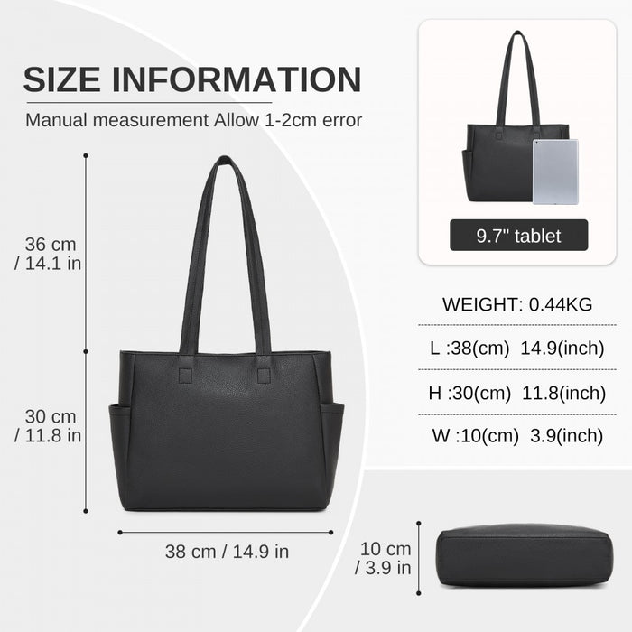 HBM2618 - Miss Lulu Women’s Large Capacity PVC Tote Bag, 13‑inch Tablet Compartment, Commute & Shopping Handbag - Black