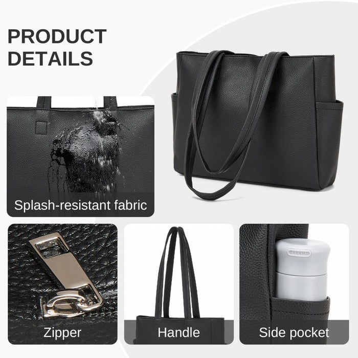 HBM2618 - Miss Lulu Women’s Large Capacity PVC Tote Bag, 13‑inch Tablet Compartment, Commute & Shopping Handbag - Black