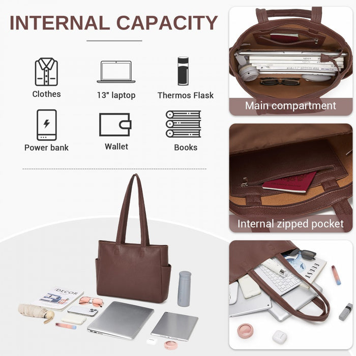 HBM2618 - Miss Lulu Women’s Large Capacity PVC Tote Bag, 13‑inch Tablet Compartment, Commute & Shopping Handbag - Brown