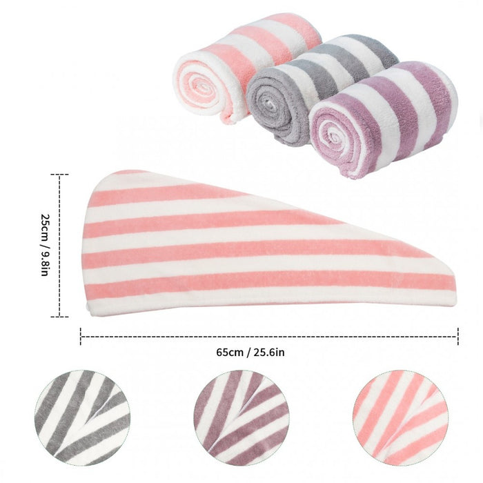 Hair Turban-2 - Absorbent Microfibre Coarse Stripe Hair Towel with Button Design -3 Pcs Pack
