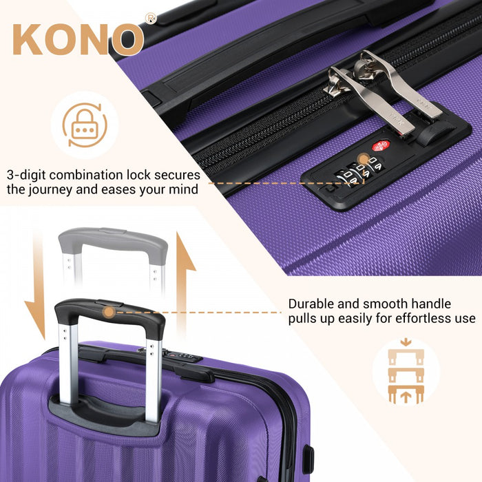 K1773-1L - Kono 24 Inch Striped ABS+PC Hard Shell Luggage with 360-Degree Spinner Wheels - Purple
