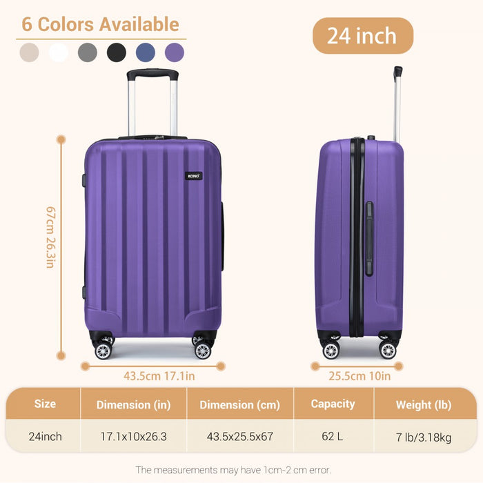 K1773-1L - Kono 24 Inch Striped ABS+PC Hard Shell Luggage with 360-Degree Spinner Wheels - Purple