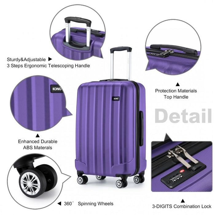 K1773-1L - Kono 24 Inch Striped ABS+PC Hard Shell Luggage with 360-Degree Spinner Wheels - Purple