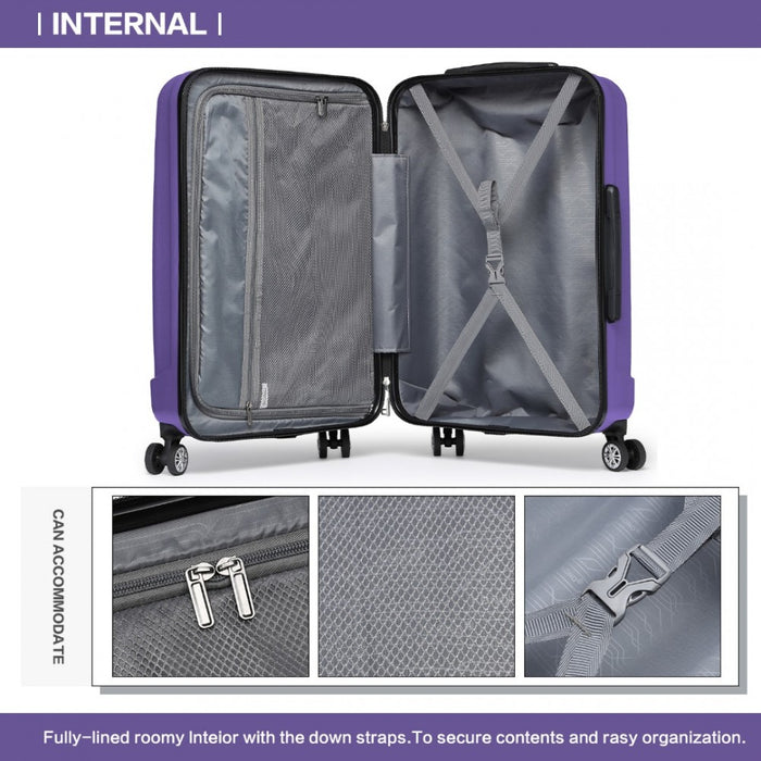 K1773-1L - Kono 24 Inch Striped ABS+PC Hard Shell Luggage with 360-Degree Spinner Wheels - Purple