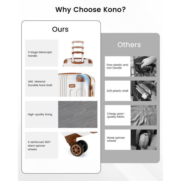 K1777-1L - Kono 24 Inch ABS Lightweight Compact Hard Shell Travel Luggage For Extended Journeys - Cream