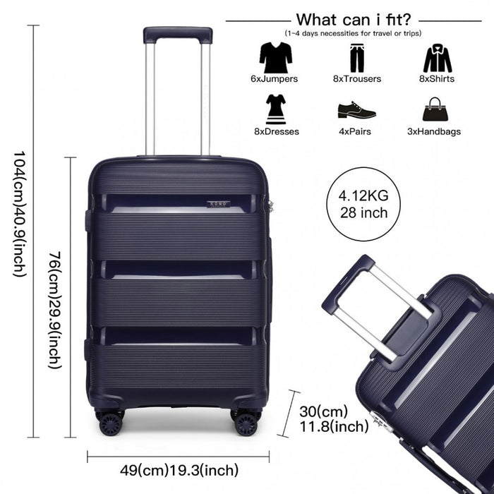 K2092L - Kono 28 Inch Bright Hard Shell PP Suitcase - Classic Collection - Navy