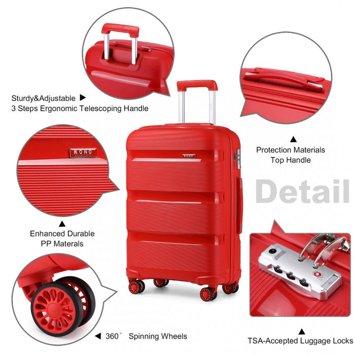 K2092L - Kono 24 Inch Bright Hard Shell PP Suitcase - Classic Collection - Red