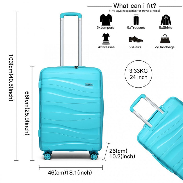 K2094L - Kono 24 Inch Lightweight Polypropylene Hard Shell Suitcase With TSA Lock - Blue