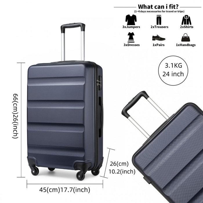 K2191L - Kono 3-Piece Lightweight ABS Hardshell Suitcase Set - 19, 24, 28 Inch with Secure TSA Lock - Navy