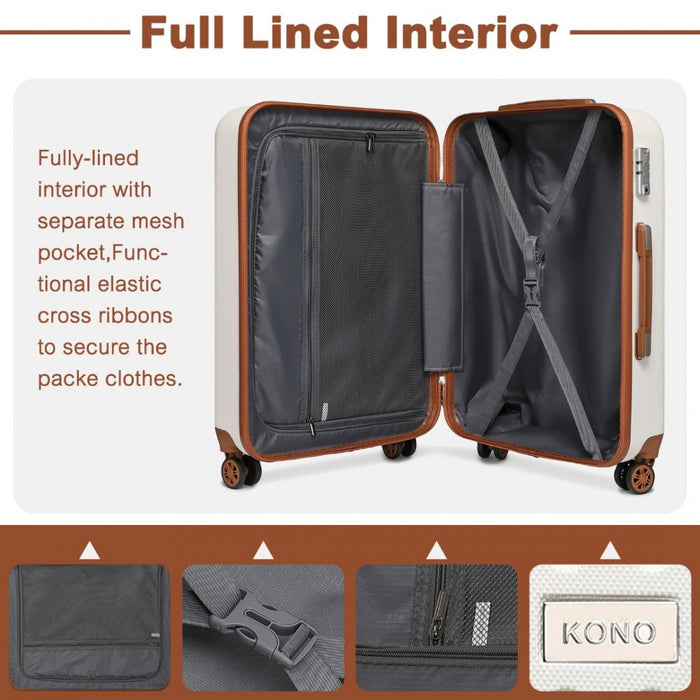 K2394L - Kono 20 Inch Cabin Size Flexible Hard Shell ABS Suitcase With TSA Lock - Cream