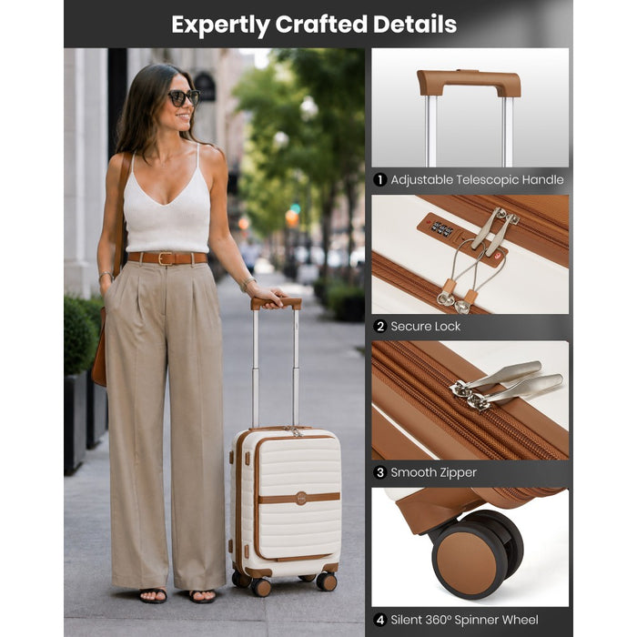 KSK2592 - Kono 21-Inch Front-Opening Cabin Suitcase with 15.6-Inch Laptop Compartment - Cream and Brown