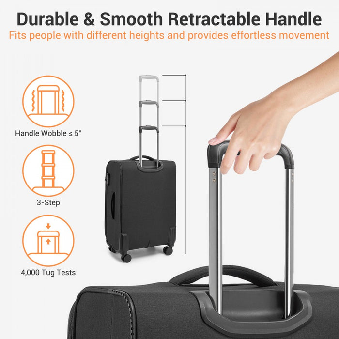 KSB2597 - British Traveller Sleek Tough 20 Inch Travel Soft-Shell Suitcase with Silent TPE Spinners, TSA Security and Laptop Sleeve - Black