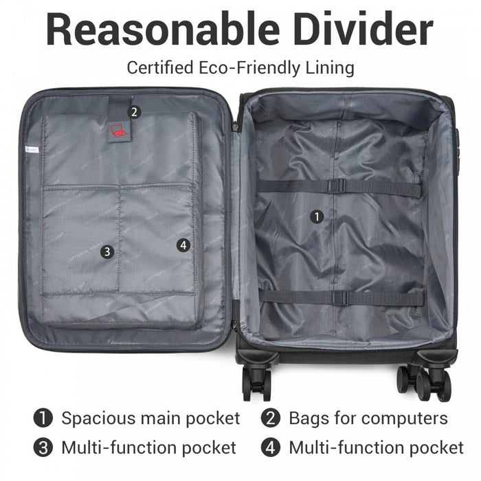 KSB2597 - British Traveller Sleek Tough 20 Inch Travel Soft-Shell Suitcase with Silent TPE Spinners, TSA Security and Laptop Sleeve - Black