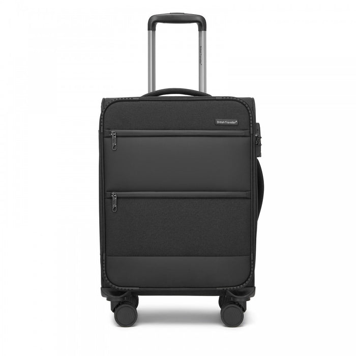 KSB2597 - British Traveller Sleek Tough 20 Inch Travel Soft-Shell Suitcase with Silent TPE Spinners, TSA Security and Laptop Sleeve - Black