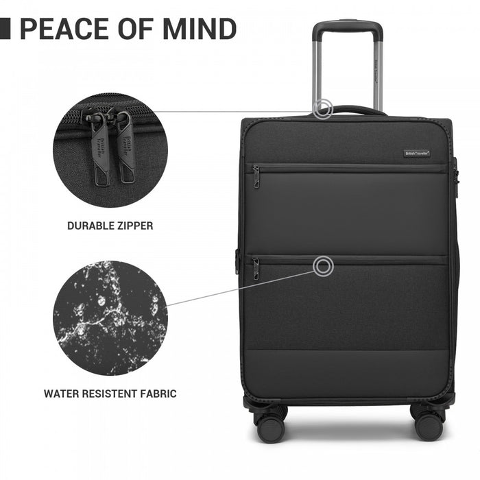 KSB2597 - British Traveller Sleek Tough 20 Inch Travel Soft-Shell Suitcase with Silent TPE Spinners, TSA Security and Laptop Sleeve - Black