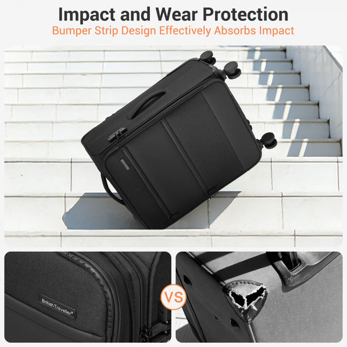 KSB2597 - British Traveller Sleek Tough 20 Inch Travel Soft-Shell Suitcase with Silent TPE Spinners, TSA Security and Laptop Sleeve - Black