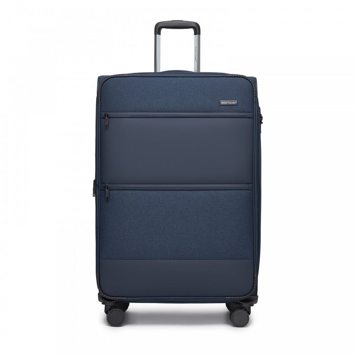 KSB2597 - British Traveller Sleek Tough 3-Piece Travel Soft-Shell Suitcase with Silent TPE Spinners, TSA Security and Expandable Checked Sizes - Navy