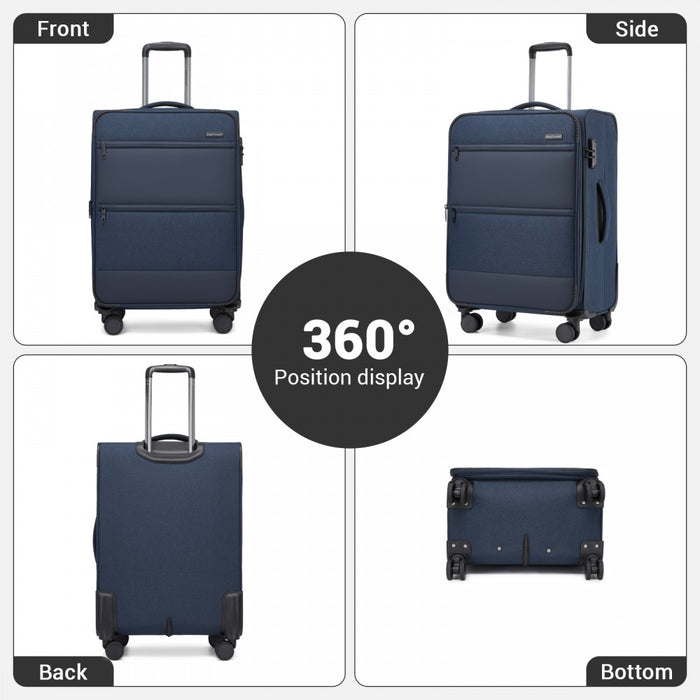 KSB2597 - British Traveller Sleek Tough 3-Piece Travel Soft-Shell Suitcase with Silent TPE Spinners, TSA Security and Expandable Checked Sizes - Navy