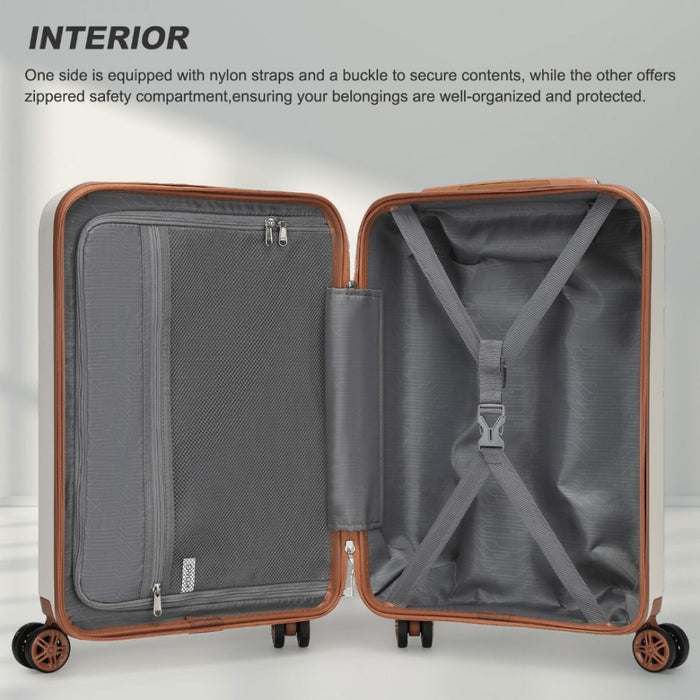 KSK2482 - Kono 19 Inch Stylish Horizontal Engraved Hard Shell ABS+PC Cabin Carry-On Suitcase with TSA Lock - Cream