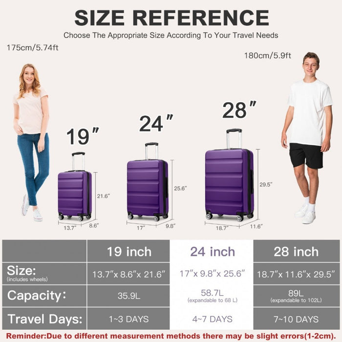 KSK2482 - Kono 24 Inch Expandable Horizontal Engraved Hard Shell ABS+PC Check-In Suitcase with TSA Lock - Purple