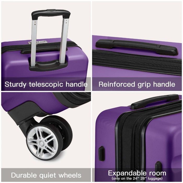 KSK2482 - Kono 24 Inch Expandable Horizontal Engraved Hard Shell ABS+PC Check-In Suitcase with TSA Lock - Purple