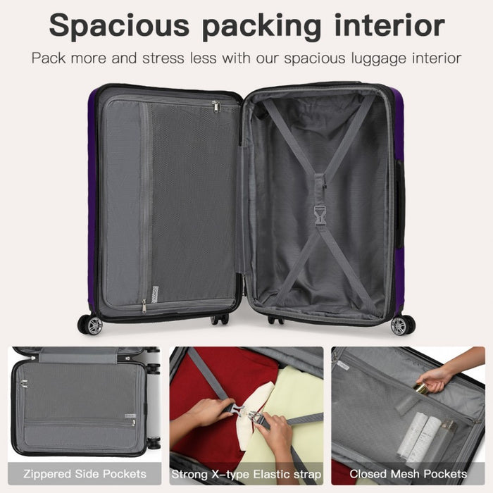 KSK2482 - Kono 24 Inch Expandable Horizontal Engraved Hard Shell ABS+PC Check-In Suitcase with TSA Lock - Purple