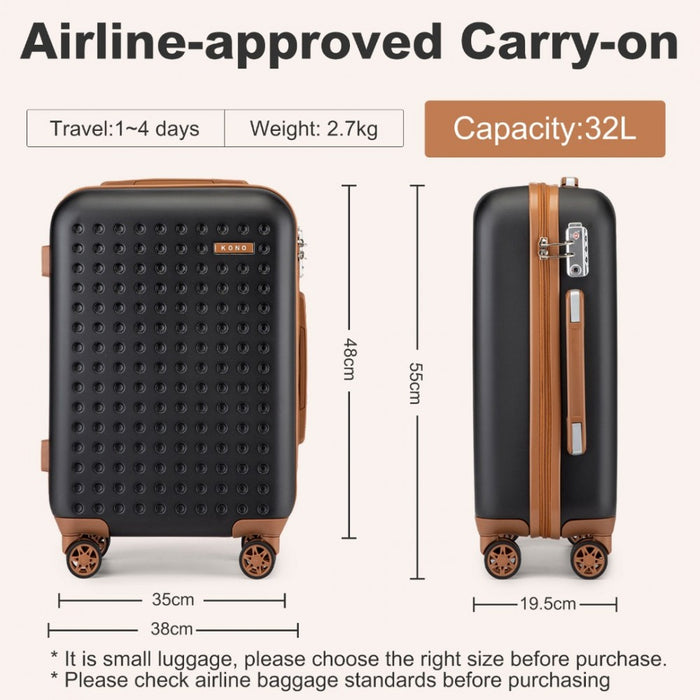 KSK2486 - Kono Stylish ABS+PC Polka Dot Hard Shell Suitcase With TSA Lock And Vanity Case 4 Piece Set - Black And Brown