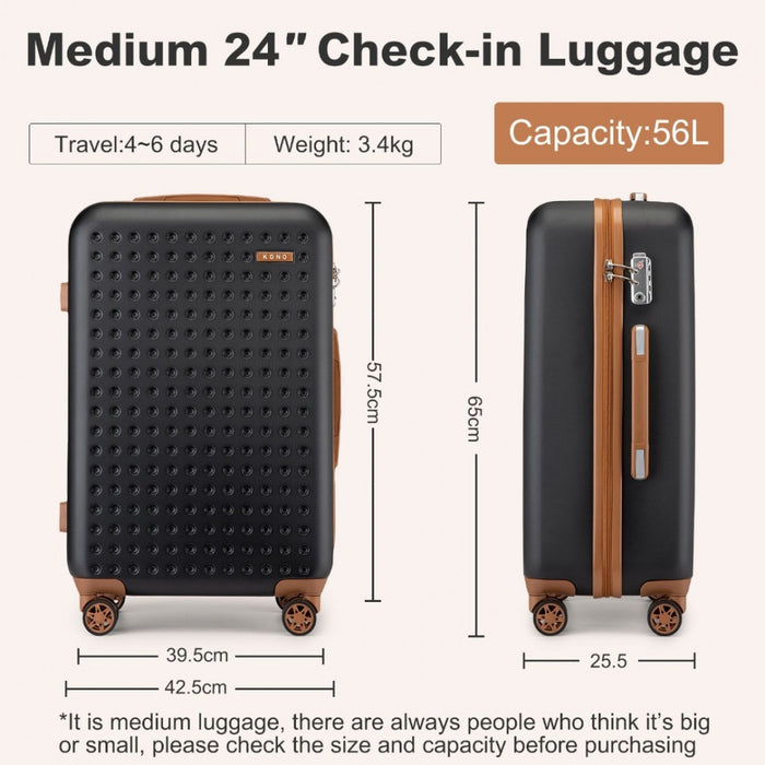 KSK2486 - Kono Stylish ABS+PC Polka Dot Hard Shell Suitcase With TSA Lock And Vanity Case 4 Piece Set - Black And Brown
