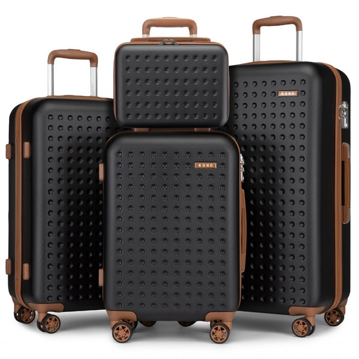 KSK2486 - Kono Stylish ABS+PC Polka Dot Hard Shell Suitcase With TSA Lock And Vanity Case 4 Piece Set - Black And Brown