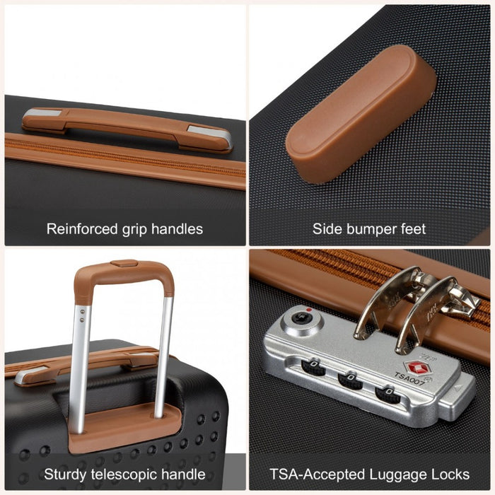 KSK2486 - Kono Stylish ABS+PC Polka Dot Hard Shell Suitcase With TSA Lock And Vanity Case 4 Piece Set - Black And Brown