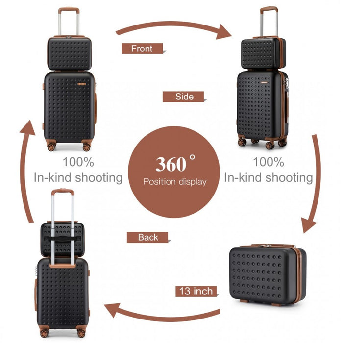 KSK2486 - Kono Stylish ABS+PC Polka Dot Hard Shell Suitcase With TSA Lock And Vanity Case 4 Piece Set - Black And Brown