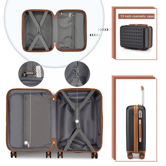 KSK2486 - Kono Stylish ABS+PC Polka Dot Hard Shell Suitcase With TSA Lock And Vanity Case 4 Piece Set - Black And Brown